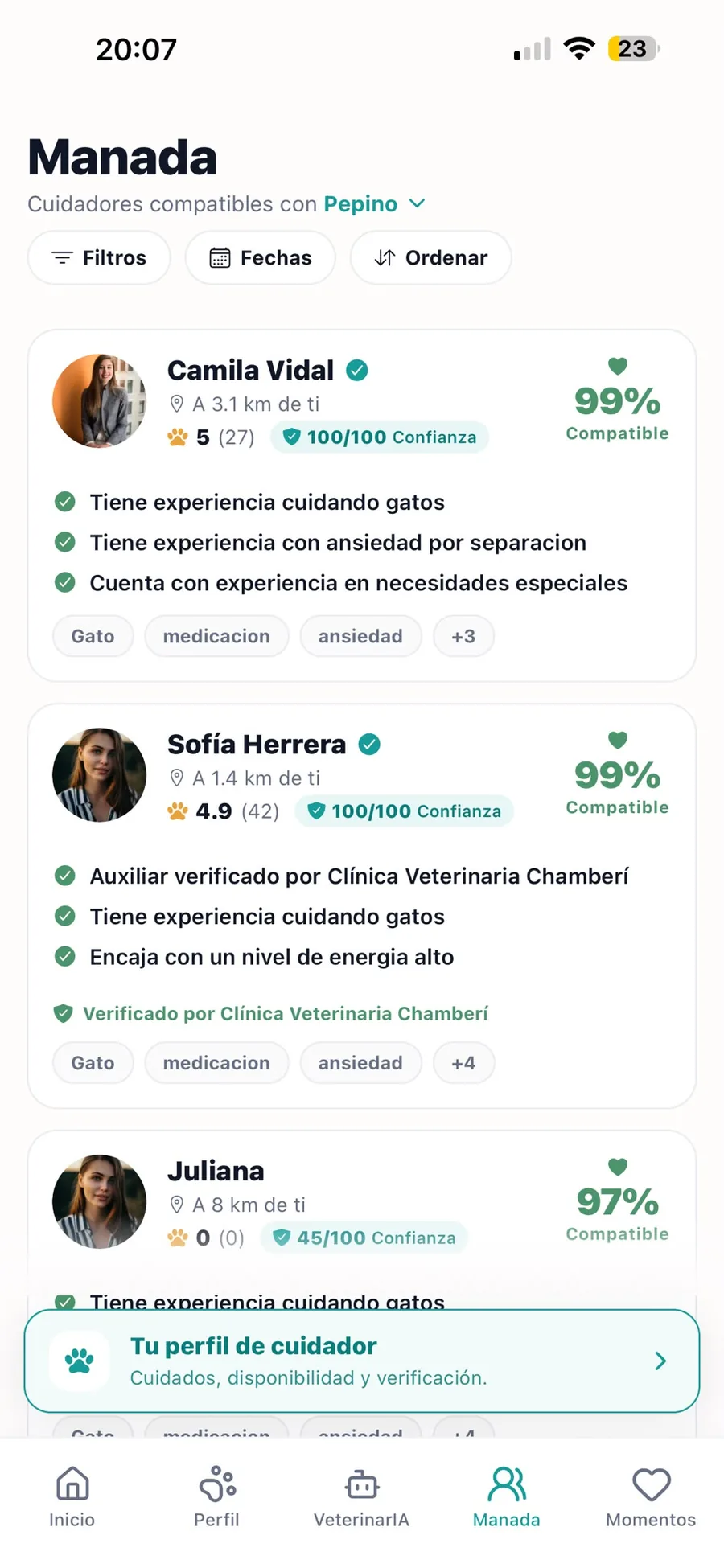 Lista de cuidadores compatibles con su porcentaje de compatibilidad en manada